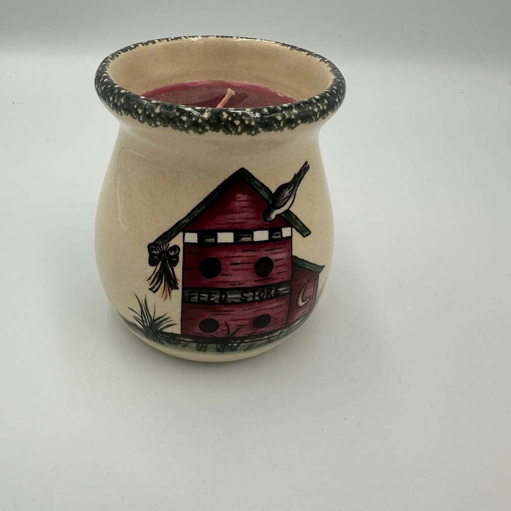 Home & Garden Party Candle Crock VTG 90s Cream Red Feed Store Birdhouse Texas